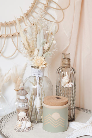 GLASS BOTTLE VASE WITH JUTE AND SHELLS