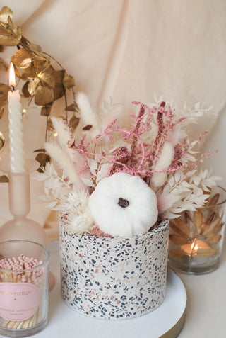 Pink & White Pumpkin Planter w/ Dried Flowers