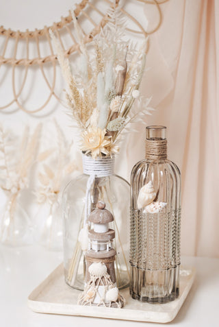 GLASS BOTTLE VASE WITH JUTE AND SHELLS